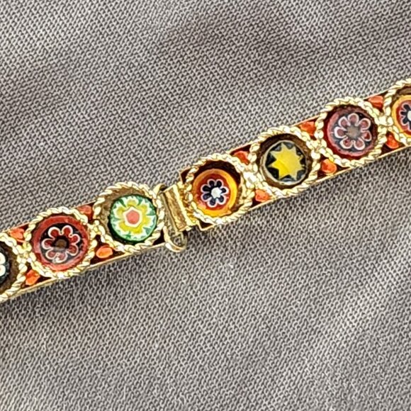 Unsigned Vintage Gold Tone Italian Micro Mosaic Five Link Hinged Floral Bracelet - Picture 5 of 16